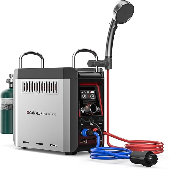 CAMPLUX Nano 3 Pro, Battery Powered Portable Water Heater, 1 lb On-Demand Propane Camping Shower, On Ground Camp Water Heater & Shower Pump, CSA