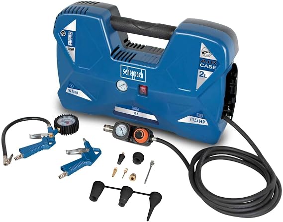 Scheppach Mobile Compressor Aircase with 2 L Boiler, 230 V, 1100 W, 8 Bar Pressure, 180 L/min, Oil-Free & Portable, Compressed Air Compressor with Tyre Inflator, Blow Gun & Accessory Set