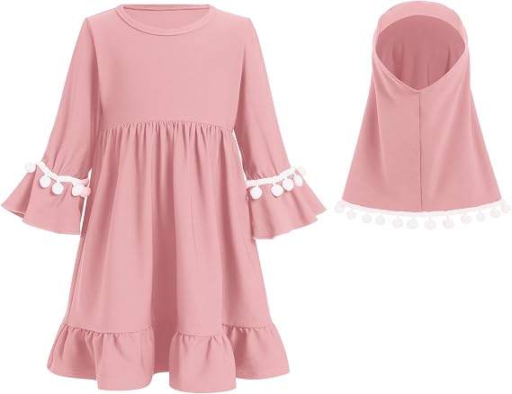 Abayas Dress For Newborn Baby Girls Muslim Dress Infant Toddler Long Sleeve Ruffle Dress with Khimar Hijab Abaya Arabian Islamic Dubai Prayer Dresses Middle East Attire Jibab Eid Clothes Pink 2-3T