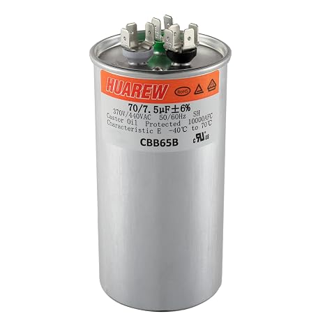 70/7.5 uF 70+7.5 MFD 6% 370V/440V CBB65B AC Capacitor Dual Run Round Capacitor Replacement 70 7.5 uF MFD 370 440 Volt VAC for AC Unit Fan Motor Start or Heat Pump or Condenser Straight Cool