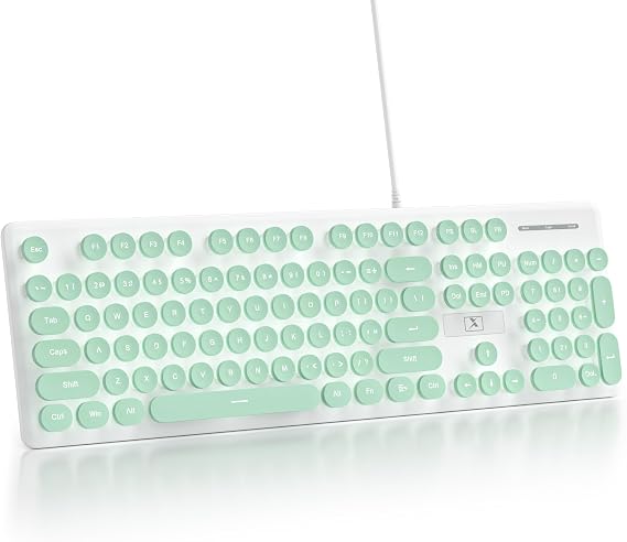 Silent Keyboard Wired Membrane Keyboard Green Full Size 104 Keys Typewriter Keyboard with Number Pad White LED Backlight Round Key Cap Cute Computer Keyboard Light Green