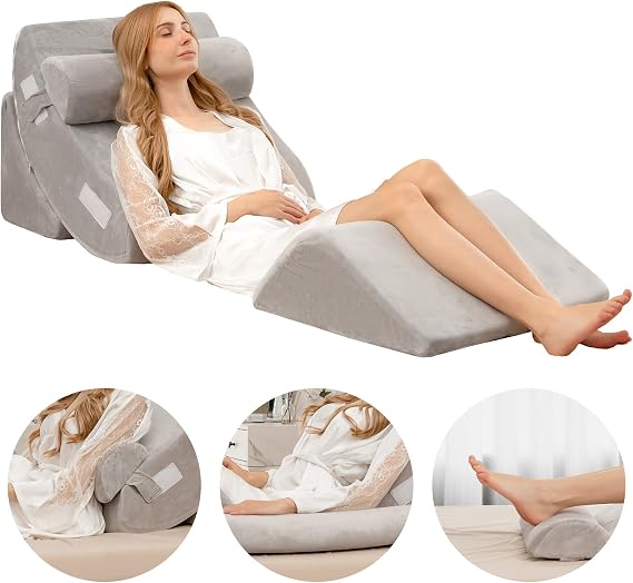 GIANTEX 4PCS Orthopedic Bed Wedge Pillow Set, Post Surgery Memory Foam Pillows for Sleeping, Adjustable Back, Neck, Arm, Leg Pain Relief Pillow, Sitting Pillow for Acid Reflux Heartburn (Grey)
