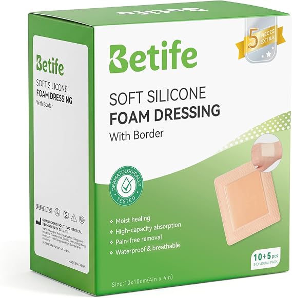 Betife Silicone Foam Dressing with Large Adhesive Border 4"X4", 15 Count