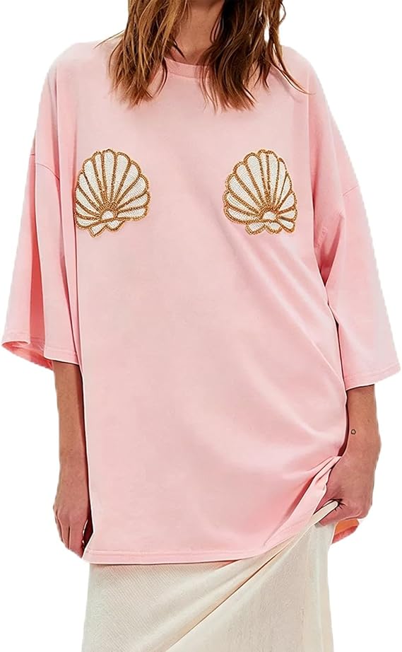 Oversized Beaded Seashell Shirts for Women Y2k Baggy Coastal Tees Tops