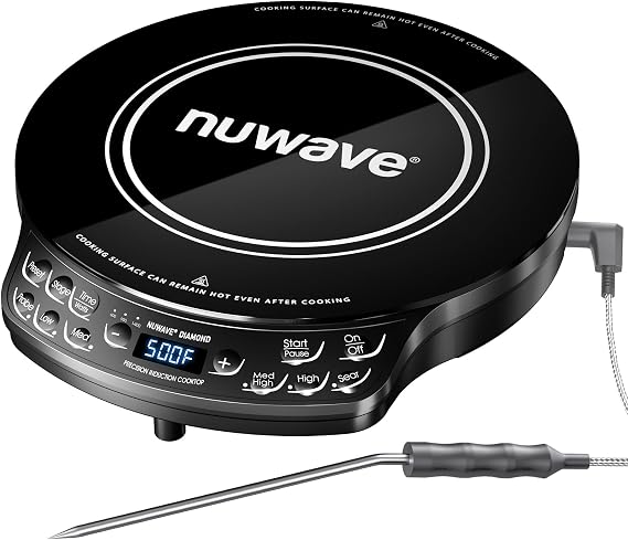 Nuwave Portable Induction Cooktop Diamond with Probe, 100F to 500F | Advanced Countertop Burner, 91 Temps, 12Shatter-Proof Ceramic Glass & 6.5Heating Coil, Ideal for RV Camp, Small Apt, Travel