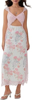 Awoscut Womens Summer Floral Maxi Dress Sexy Split Sleeveless Spaghetti Strap Long Dresses V Neck Backless Party Club Dress