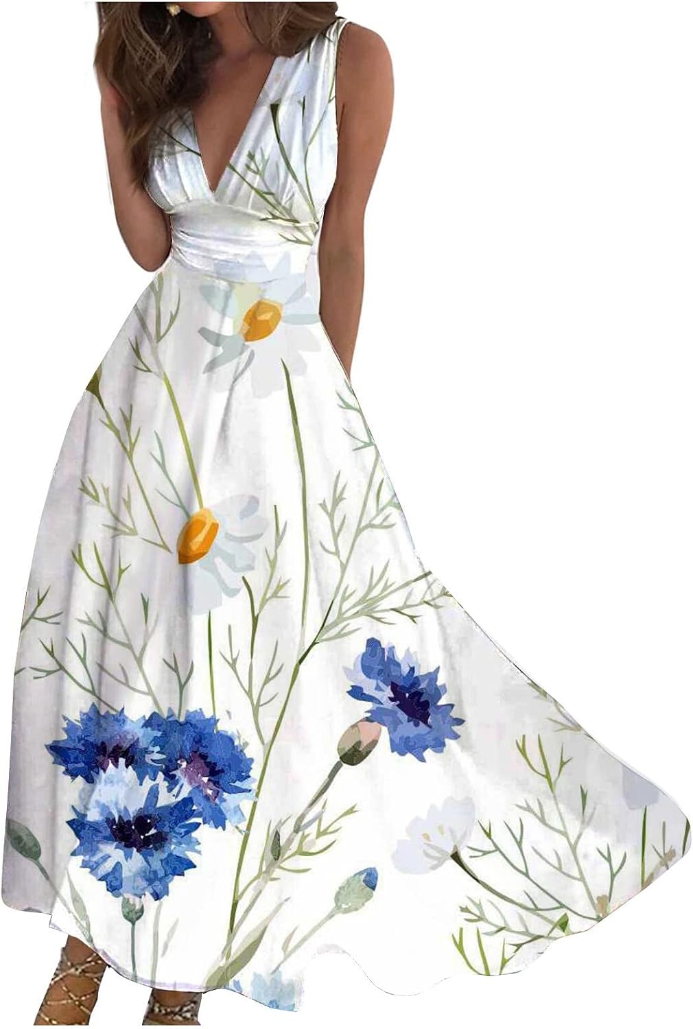 Generic Flowy Dresses for Women Deep V Neck Cute Sleeveless Long Dress Elegant Sexy Floral Dresses Swing Maxi Casual Dress