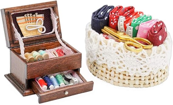 Odoria 1/12 Miniature Sewing Basket and Sewing Box Kit Dollhouse Decoration Accessories