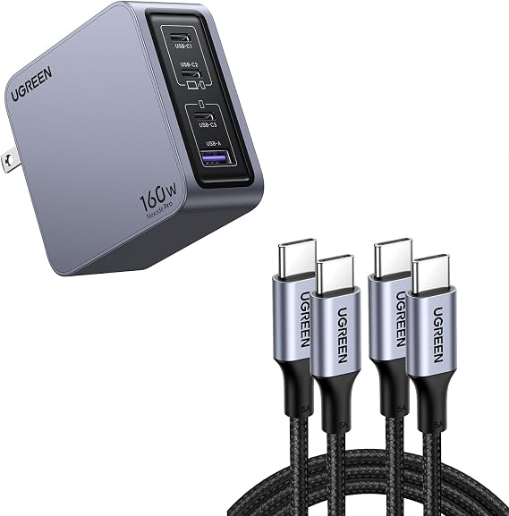 UGREEN Nexode Pro 160W USB C Charger Bundle with 100W 2-Pack 3FT USB C Charger Cable for iPhone 15/15 Plus/15 Pro/15 Pro Max, MacBook Pro, iPad Pro, Dell XPS, Samsung Galaxy S24/S23/S22 Ultra