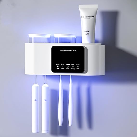 Smart Toothbrush Holders for Bathrooms,Electric Toothbrush Holders with Solar Charging,Toothbrush Holder Wall Mounted with 2 Cups and 4 Brush Slots (White)
