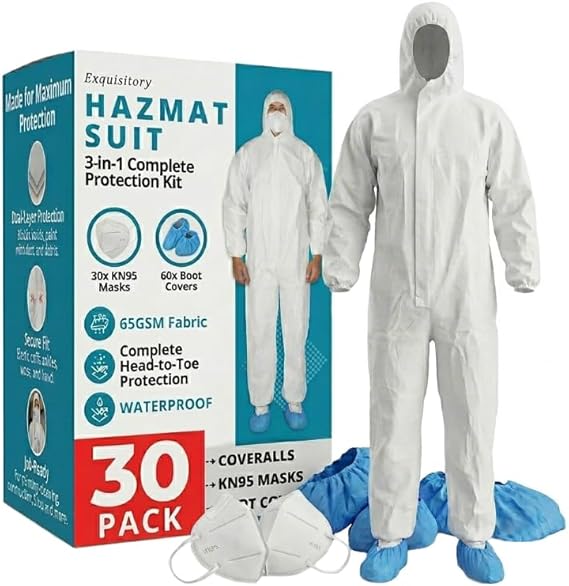 Disposable Hazmat Suit - 30 Pack + 30 Masks & 60 Booties Breathable Mechanic Jumpsuit - 65GSM Waterproof Coveralls