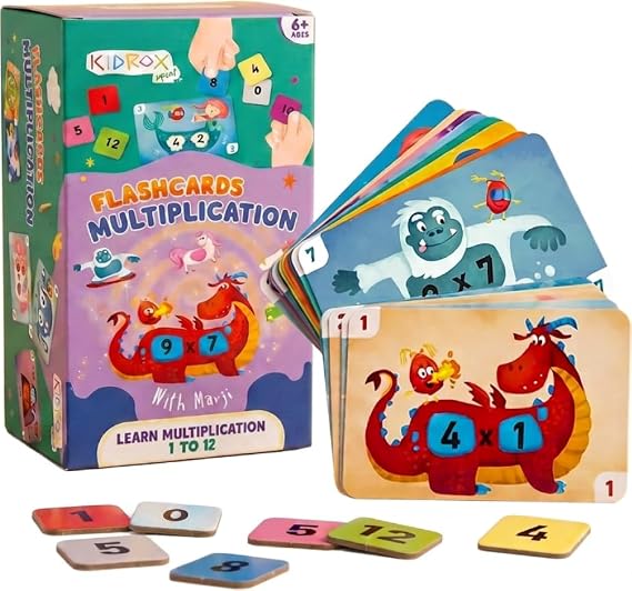 Kidrox Multiplication Flash Cards, Times Tables 1 to 12, Interactive Learning Cards with Fun Character Design, Educational Math Practice Set