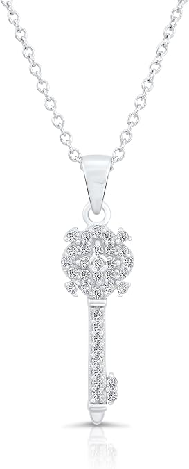 TILO JEWELRY Sterling Silver Pave CZ Small Key Pendant Necklace