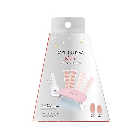 Dashing Diva Holiday Glaze Kit - Holiday Romance - Long Lasting, Chip Resistant, Semi-Cured Gel Nail Strips - 5-Piece Manicure Set with 32 Strips and Mini LED Lamp