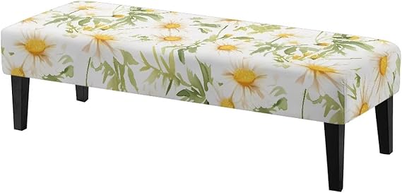 Flower White Dining Bench Covers Elastic Bench Covers Washable Bench Seat Protector Cushion Covers for Bedroom, Kitchen, Hotel