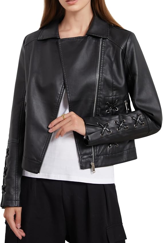 Women's Faux Leather Jacket Varsity Moto Biker Bomber Jackets Casual Lace-Up Outerwear Short Coats