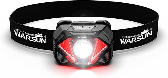 WARSUN WH02 LED Headlamp, Rechargeable Headlamp with Motion Sensor, Ultra-Light Bright Head Light with Dual Power, 5 Modes Red White Light for Hiking, Running, Fishing