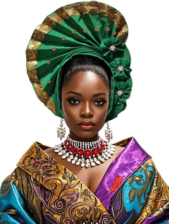 African Headscarf Nigerian Gele Auto Tie Fashion Turban Elegant Headwrap Women Stylish Hijab (green, 22.44in-22.83in Freely adjustable)