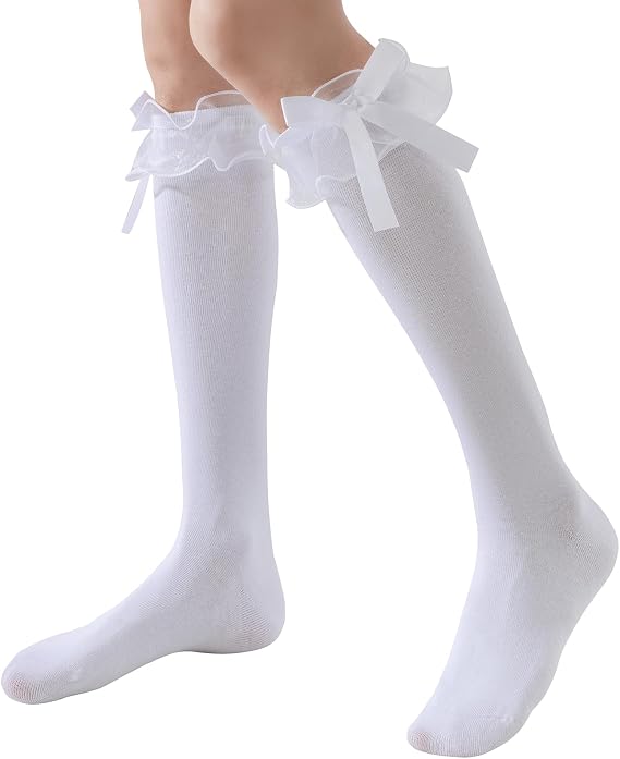 SEMOHOLLI Women Girl's Fashion Knee High Socks With Bow Lace Ruffle Trim Cute Cotton Socks