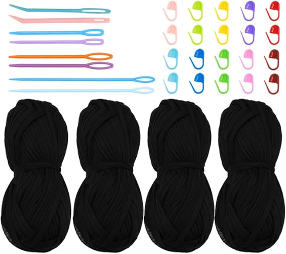 4PCS T Shirt Yarn for Crocheting Elastic Ribbon Thick Crochet Fabric, Knitting T-Shirt Yarn Set for Crochet Bag/Blanket/Basket, DIY Crafts Projects, Home Decor (Black)