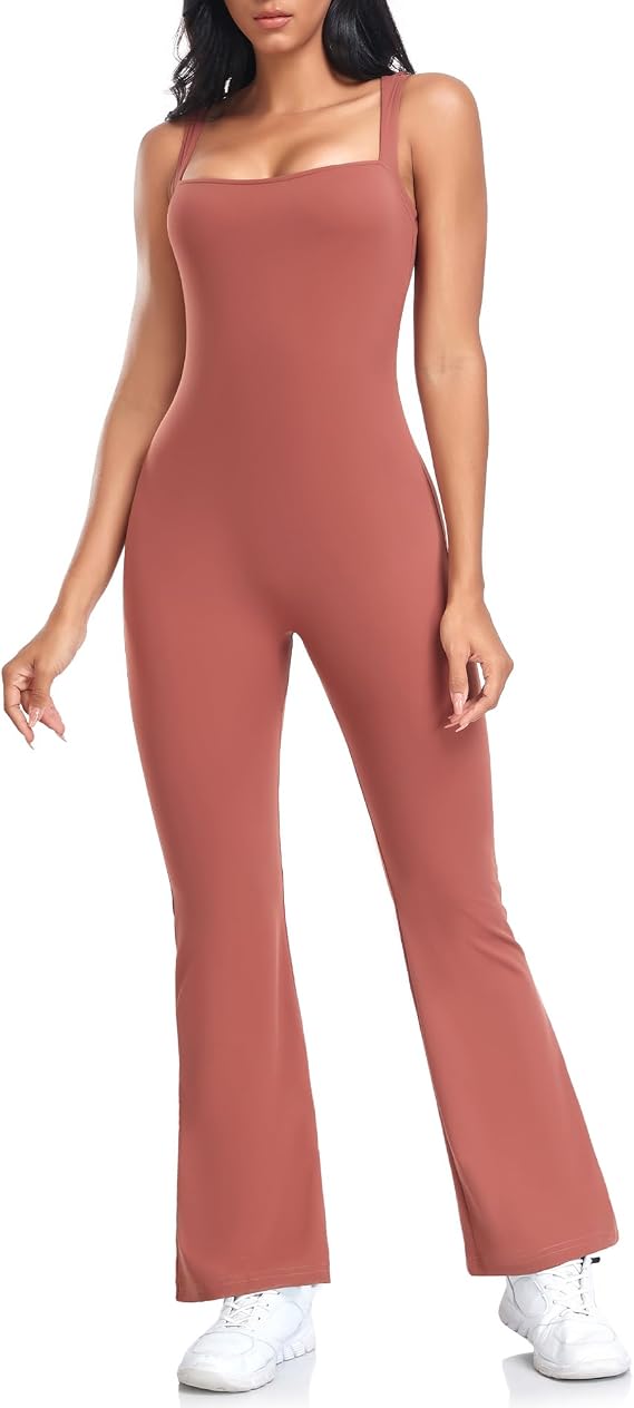 JOJOANS Womens One Piece Flare Jumpsuit Square Neck Bodycon Jumpsuit Strappy Flared Long Pants