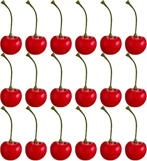 20 Pieces Fake Cherries, Plastic Cherry Artificial Cherries, Faux Realistic Cheery Decor Mini Fruit Food Ornaments Display Photo Props for Cheery Birthday Party Decorations