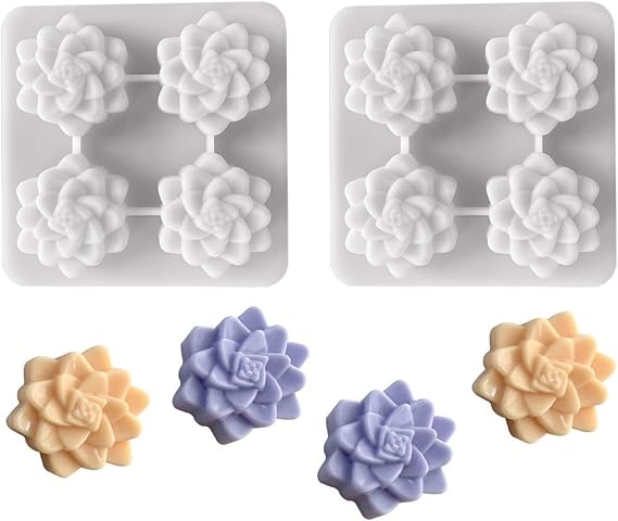 2 Pcs 4 Cavity Succulent Plants Flower Silicone Molds | 4 Cavities Flower Silicone Soap Molds, for Handmade Soap Bath Bombs Candle, Cake Decorating Candy Pudding Mousse
