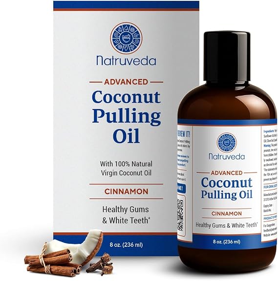 Natruveda Cinnamon Coconut Pulling Oil, 8 oz | Advanced Ayurvedic Oil Pulling Mouthwash with Virgin Coconut Oil, Clove & Sesame | Alcohol-Free Oral Care