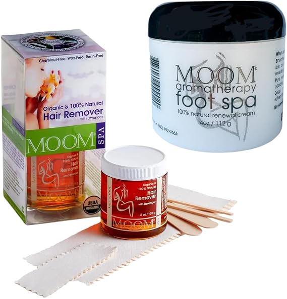 MOOM Organic Sugar Wax Hair Removal Kit & Aromatherapy Foot Spa Bundle Lavender Waxing Kit (6 oz) with Strips & Sticks + 100% Natural Foot Cream for Smooth, Moisturized Skin