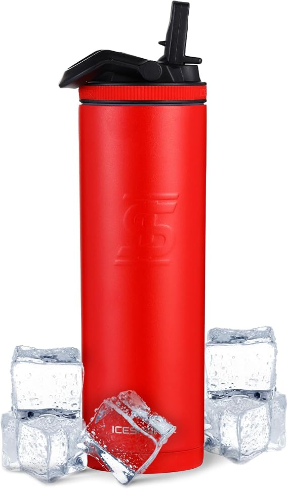 Ice Shaker Insulated Stainless Steel Sports Bottle | 20 oz, Red | Stays Cold for 24+ Hours | Flip Up Sport Straw | Odor-Free Bottle for Protein Shakes, Water, Intra-Workout