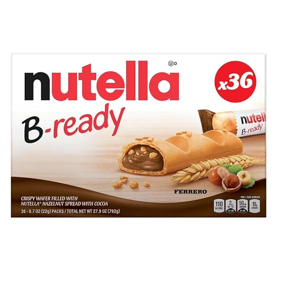 Nutela B-Ready Wafer Bars 36 Count Box, 27.9 oz Crispy Crunchy Wafer Filled with Creamy Hazelnut Cocoa Spread, Individually Wrapped Snacks