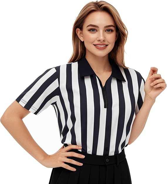 ChinFun Official Referee Costume Shirt | Women's Ref Shirt Zipper Collared Umpire Jersey Shirt Basketball Football Halloween