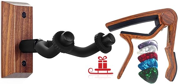 WINGO Guitar Capo and Black Walnut Wood Guitar Hanger Wall Mount Holder Stand Bundle for Acoustic and Electric Guitars Ukulele
