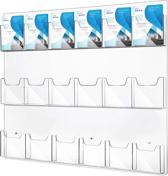 18 Pockets Acrylic Brochure Pamphlet Holder Wall Mount, 4 inches Pocket Brochure Display Stand, Pamphlet Display Stand Wall Mount, Clear Plastic Trifold Flyer Rack Literature Holder
