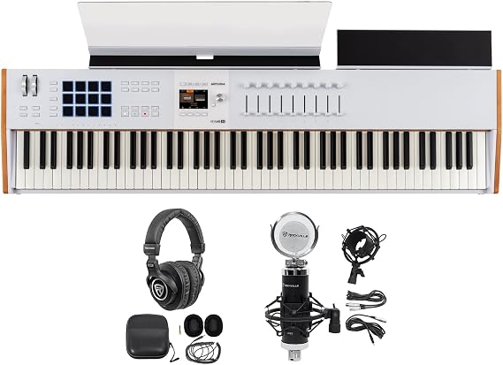 Arturia KEYLAB 88-Key MK3 White USB MIDI Keyboard Controller Bundle: PRO-M50 Studio Headphones, RCM03 Condenser Microphone with Shock Mount, Hammer-Action keyboard, DAW Integration, 3-Items
