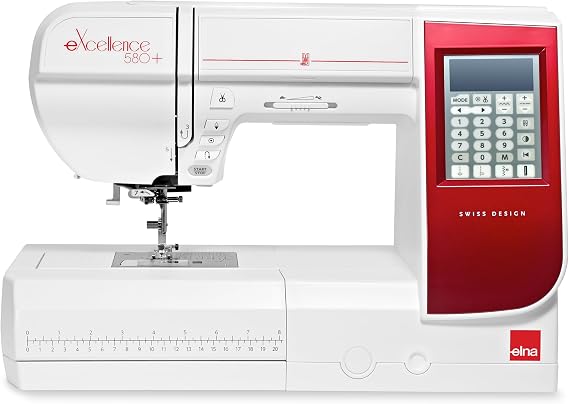 Elna eXcellence 580+ Fashion & Decor edition computerized Sewing Machine w/ 120 Built-in Stitches, Large Sewing Bed (8.2" workspace), 13 included Presser Feet & Extra-Wide Extension Table Included
