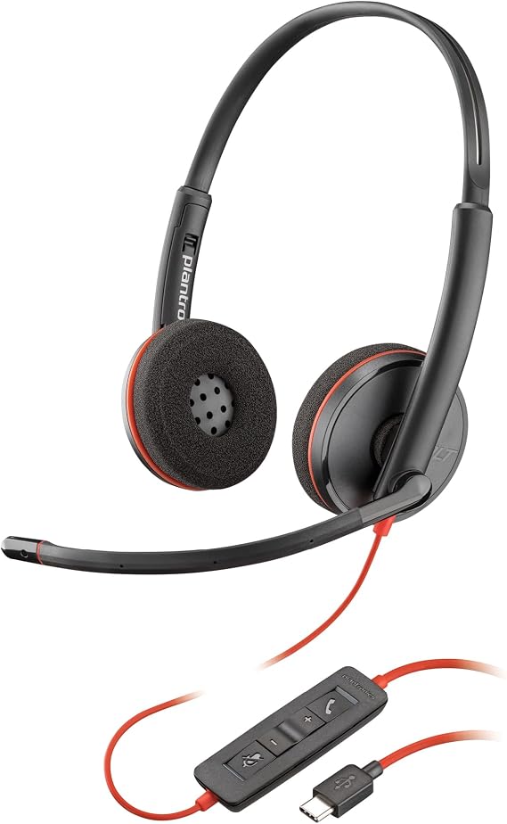 Poly Blackwire 3220 Wired Headset (Plantronics) - Noise-Canceling Mic Stereo Design - Connect to PC/Mac via USB-C or USB-A - Works w/Teams, Zoom -