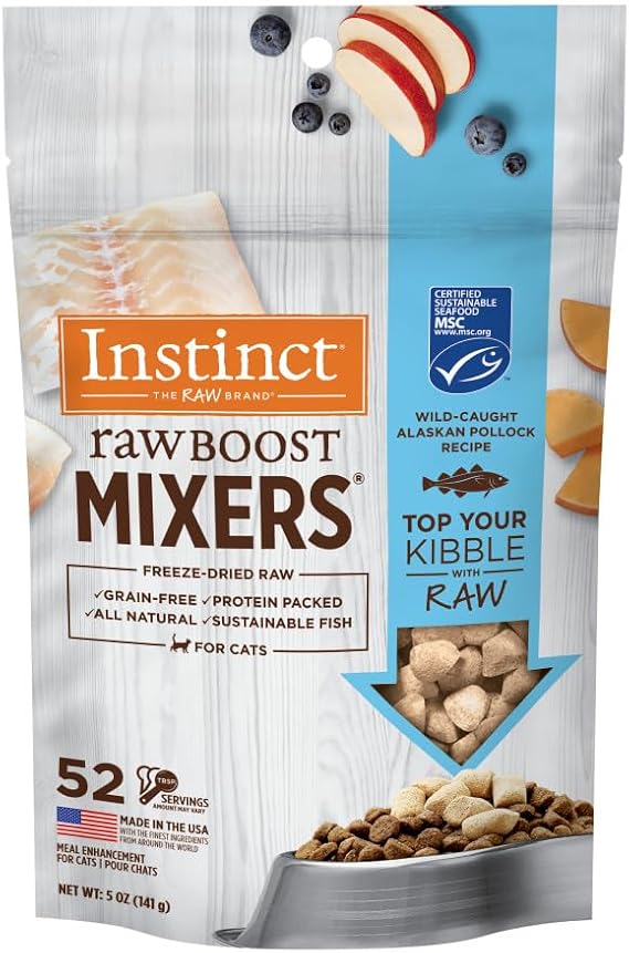 Instinct Freeze Dried Mixers, Cat Food Toppers, Pollock, 5 oz. Bag | Freeze-dried raw meal topper or treat, wild-caught Alaskan pollock, non-GMO fruits & vegetables, adds nutrition & flavor