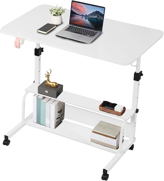 Adjustable Height Mobile Computer Desk,White Table for Home Office Bedroom