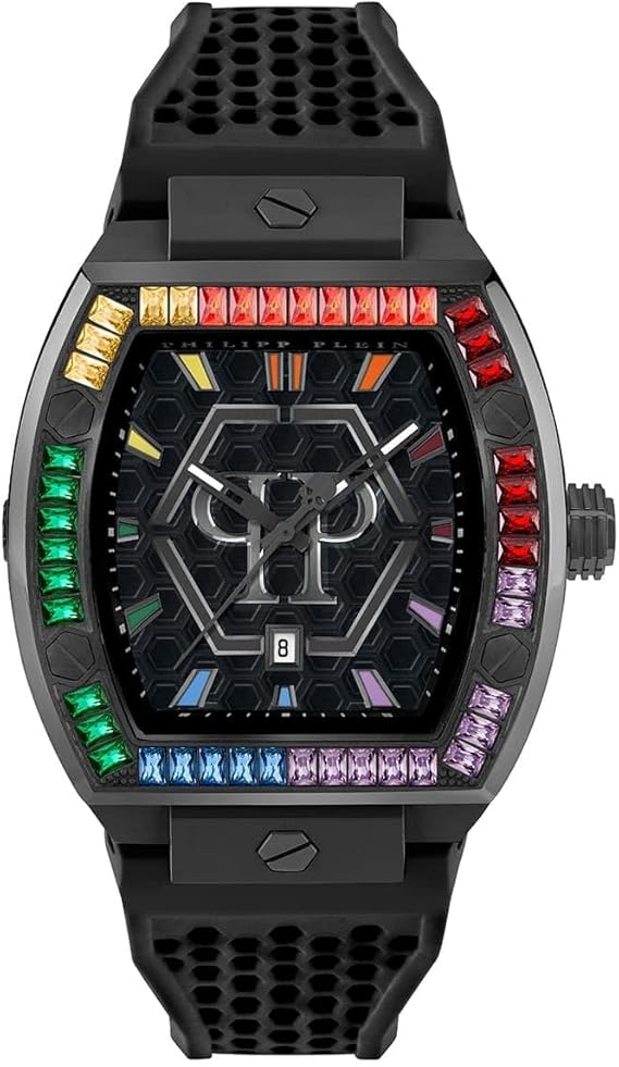 Philipp Plein The Hexagon Phantom Collection Luxury Mens Watch Timepieces with a Black Strap, Case and Dial