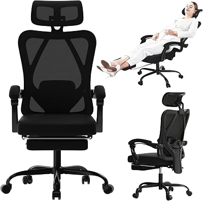 Ergonomic Office Chair with Foot Rest, High Back Mesh Desk Chair Comfy for Work, Adjustable Computer Chair Ergonomic with Lumbar Support and Reclining Function for Home or Study Setup,Black