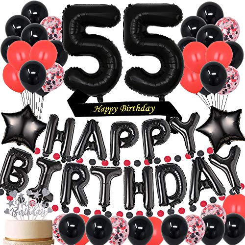 Black 55TH birthday Party Decorations Supplies Black theme Happy Birthday sash and cake topper 55 Birthday Foil Balloons Black Number 55 Risehy