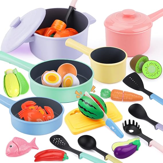 GILOBABY Kids Play Kitchen Accessories - 22-Piece Pots and Pans Set, Pink