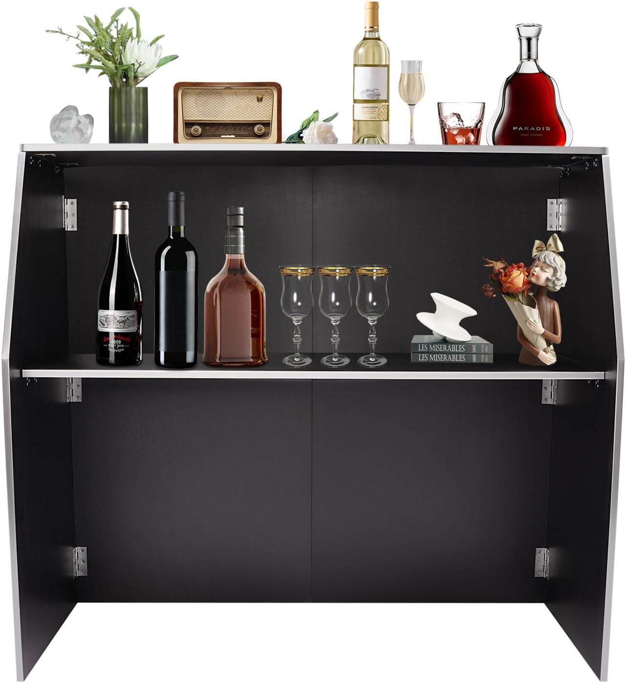 Bar Cabinet, Portable Event Bar Foldable Bar Table, 2-Tier Mobile Bartender Station wTop And Middle Shelves, Commercial Reception Counter Waterproof Trade Shows Table For Outdoor Parties-Black