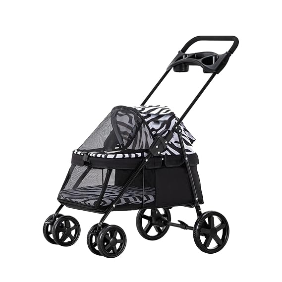 Small Pet Stroller for Cats Dogs, Exquisite Dog Pram Pushchair Lightweight Dog Strollers Clearance Folding Pet Stroller 4-Wheel Travel Carrier(Zebra)