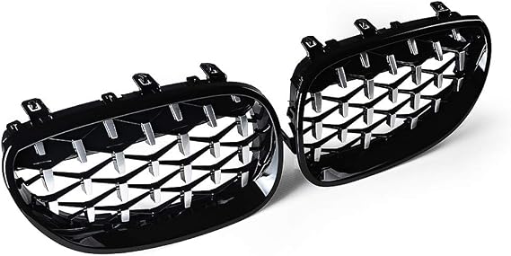 Pair Front Bumper Kidney Grille for 2003-2010 BMW E60 E61 5-Series M5 Sedan (Glossy Black Chrome, Diamond)