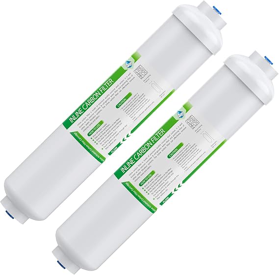 Membrane Solutions T33 Inline Post Carbon Water Filter 1/4" Quick-Connect | Replacement Cartridge for Refrigerator & Ice Maker, 10" Push Connect Water Filter for Reverse Osmosis Water System, 2 Pack