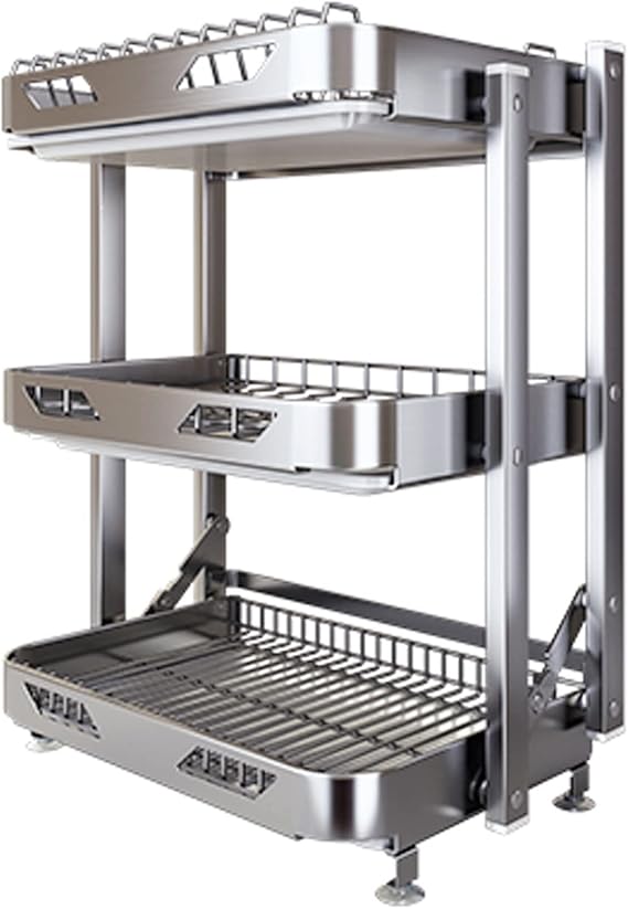 304 Stainless Steel 3 Tier Dish Drying Rack - Foldable Dish Rack with Drain Board, Utensil Holder, Cutting Board Holder - Rustproof Dish Drainer for Kitchen Countertop