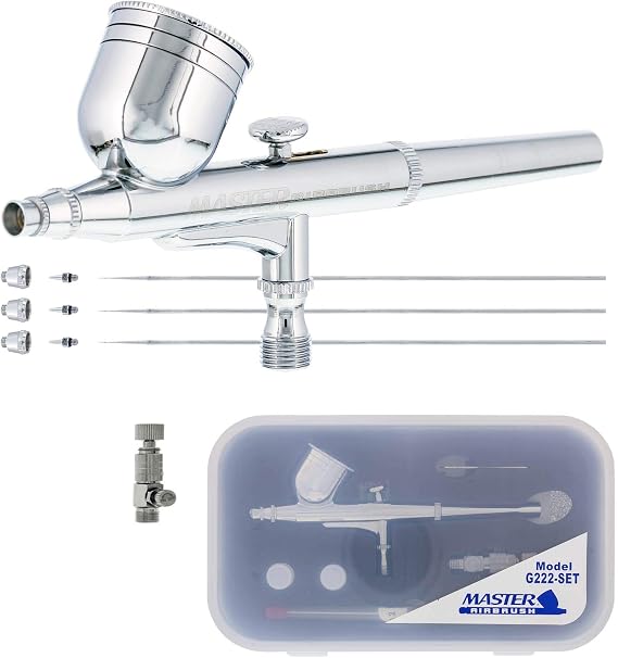 Master Airbrush G222 Multi-Purpose Dual-Action Gravity Feed Airbrush Gun Set for Model Painting, Graphics, Cake & Fine Art - Air Brush Gun Kit with 3 Nozzle Sets (0.2, 0.3, 0.5mm) & 1/3 oz Cup
