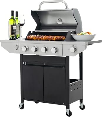 Endark 4-Burner Portable Propane Grill: Stainless steel, 46500 BTU, with Side Burner, Porcelain-enameled Grates, Dual Shelves, and Wheels. Ideal for Backyard, Patio, and Garden Cooking